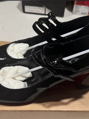 Christian Louboutin Black Patent Mary Jane Flats with Double Straps